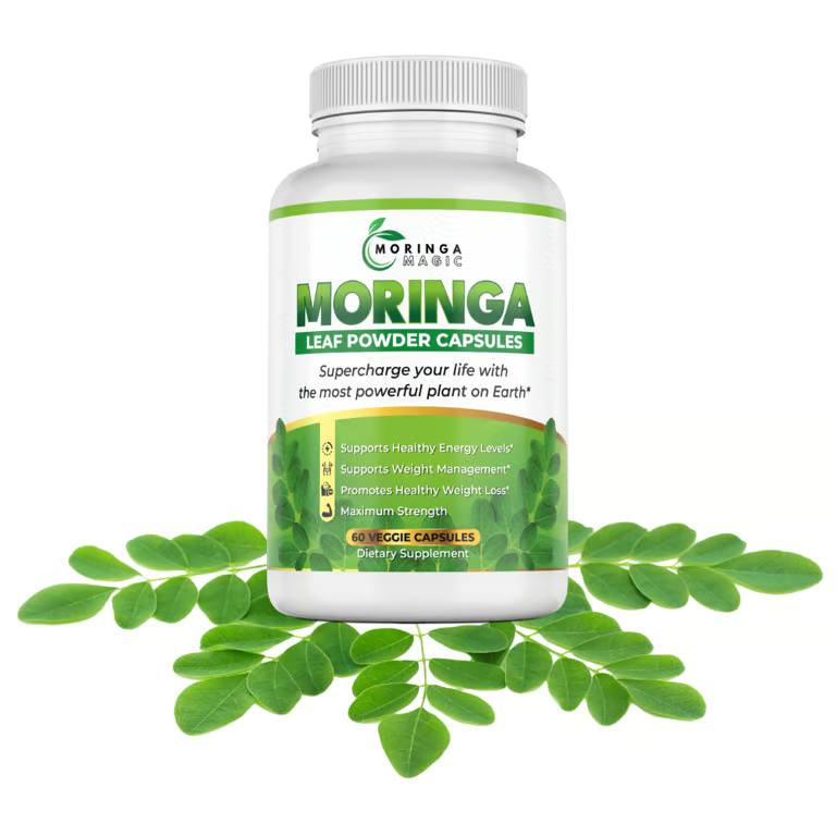 Moringa Magic bottle and leaves