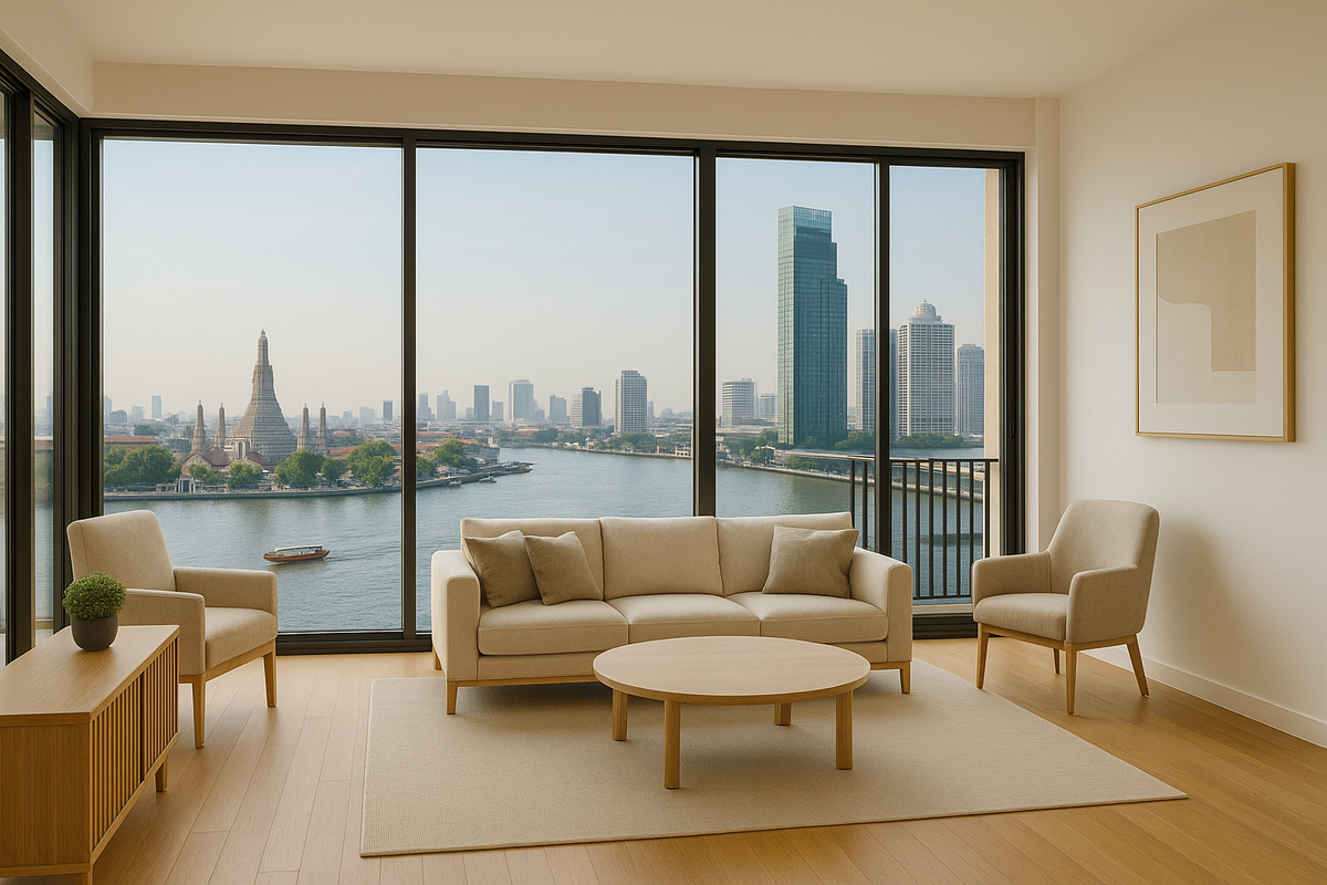Image of a condo with the view of Bangkok city, and the river