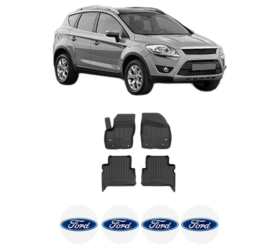 Set covorase presuri FORD KUGA I din 2008-2012, auto, din cauciuc thermoplastic, 4 Stickere auto cu FORD