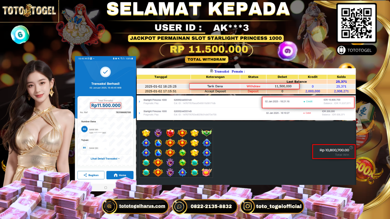 Bukti Pembayaran Jackpot  Permainan Slot Starlight Princess 1000   : AK***3 LUNAS