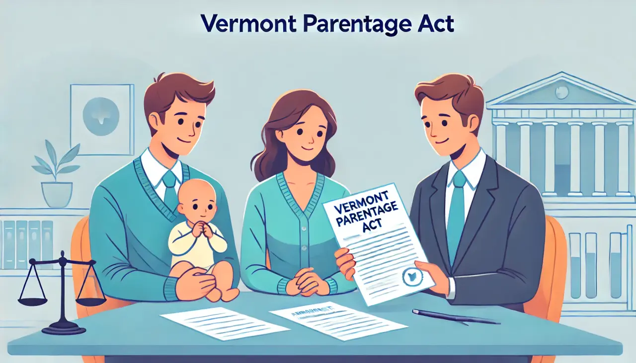 Illustration of a couple and a lawyer reviewing the Vermont Parentage Act, ensuring clarity on surrogacy laws in Vermont.