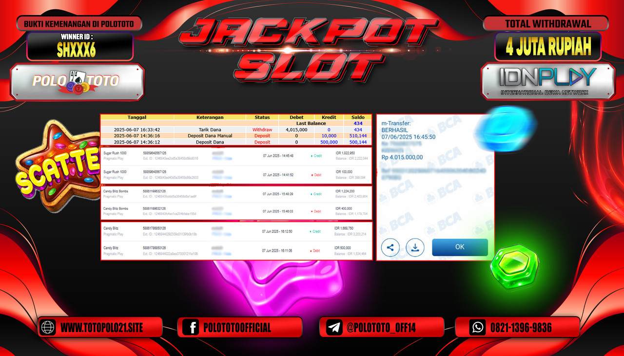 POLOTOTO JACKPOT SLOT SUGAR RUSH 1000 Rp.4.000.000,- LUNAS