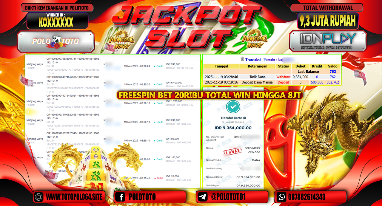 POLOTOTO JACKPOT SLOT MAHJONG WAYS Rp.9.300.000,- LUNAS