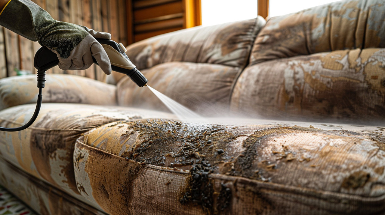 Процесс удаления плесени с дивана