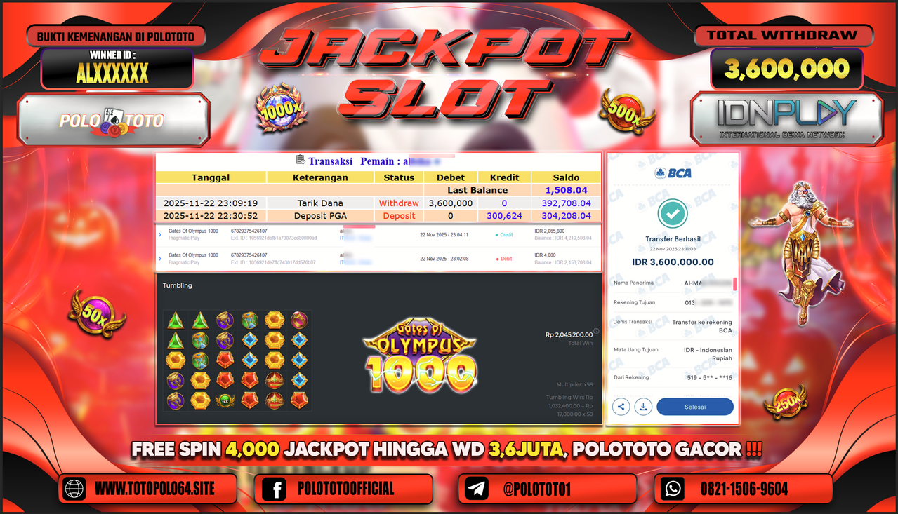 POLOTOTO JACKPOT SLOT GATES OF OLYMPUS 1000 Rp.3.600.000,- LUNAS