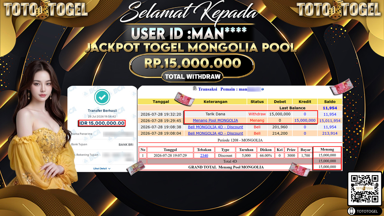 Bukti Pembayaran Jackpot TOGEL MONGOLIA POLL ID: MAN****LUNAS