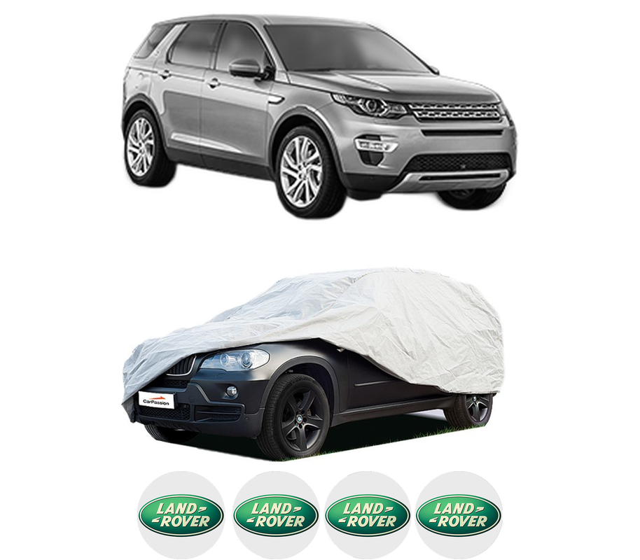 Husa tip prelata auto pentru LAND ROVER DISCOVERY SPORT (L550) din 2014-2022, Culoare Gri, material textil impermeabil, rezistanta la intemperii praf UV, CARPASSION Husa Protectie, 4 Stickere auto cu LAND ROVER