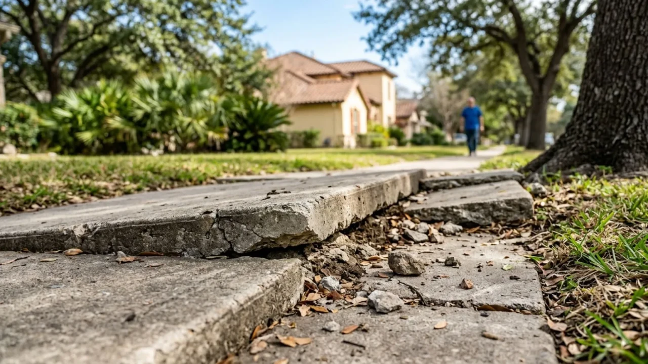 Cracked and heaved sidewalk panel in San Antonio showing trip hazard
