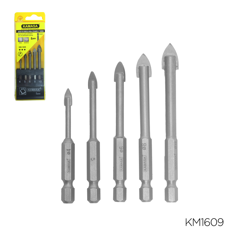 JUEGO DE BROCA PARA CERAMICA Y VIDRIO "KAMASA" 4,5,6,8,10MM X5PC HEXAGONAL