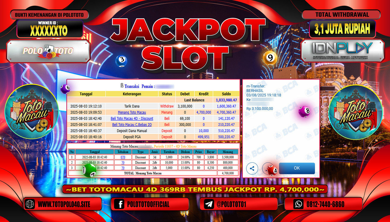 POLOTOTO JACKPOT TOGEL TOTO MACAU Rp.3.100.000,-LUNAS