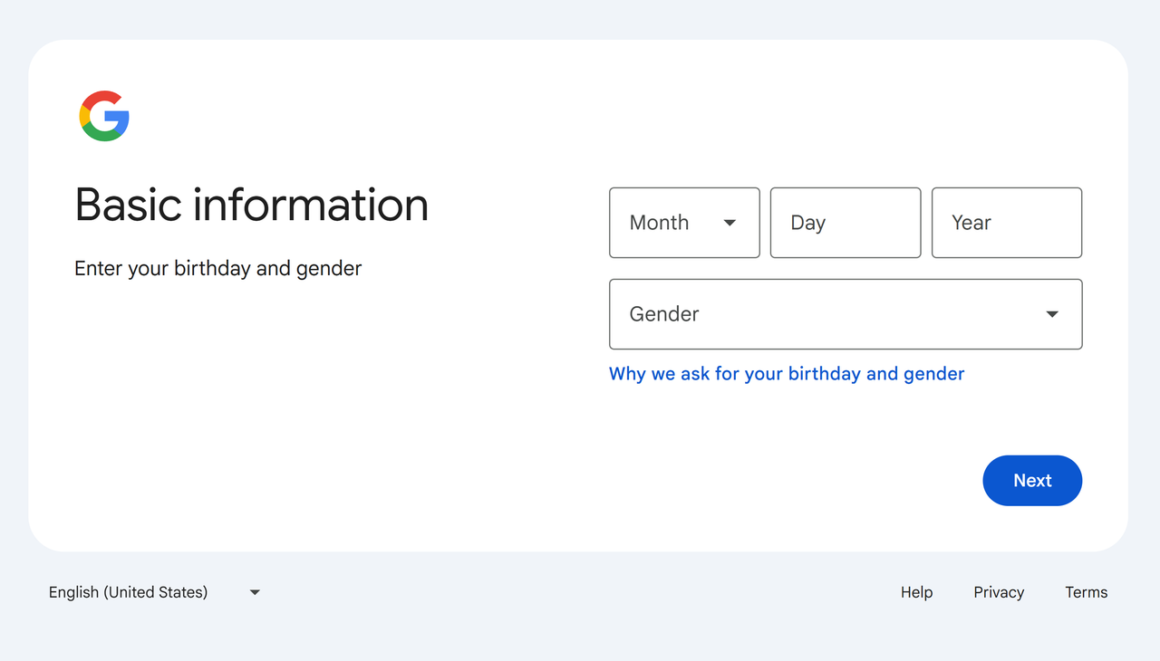 Screenshot of the birthday and gender selection screen.