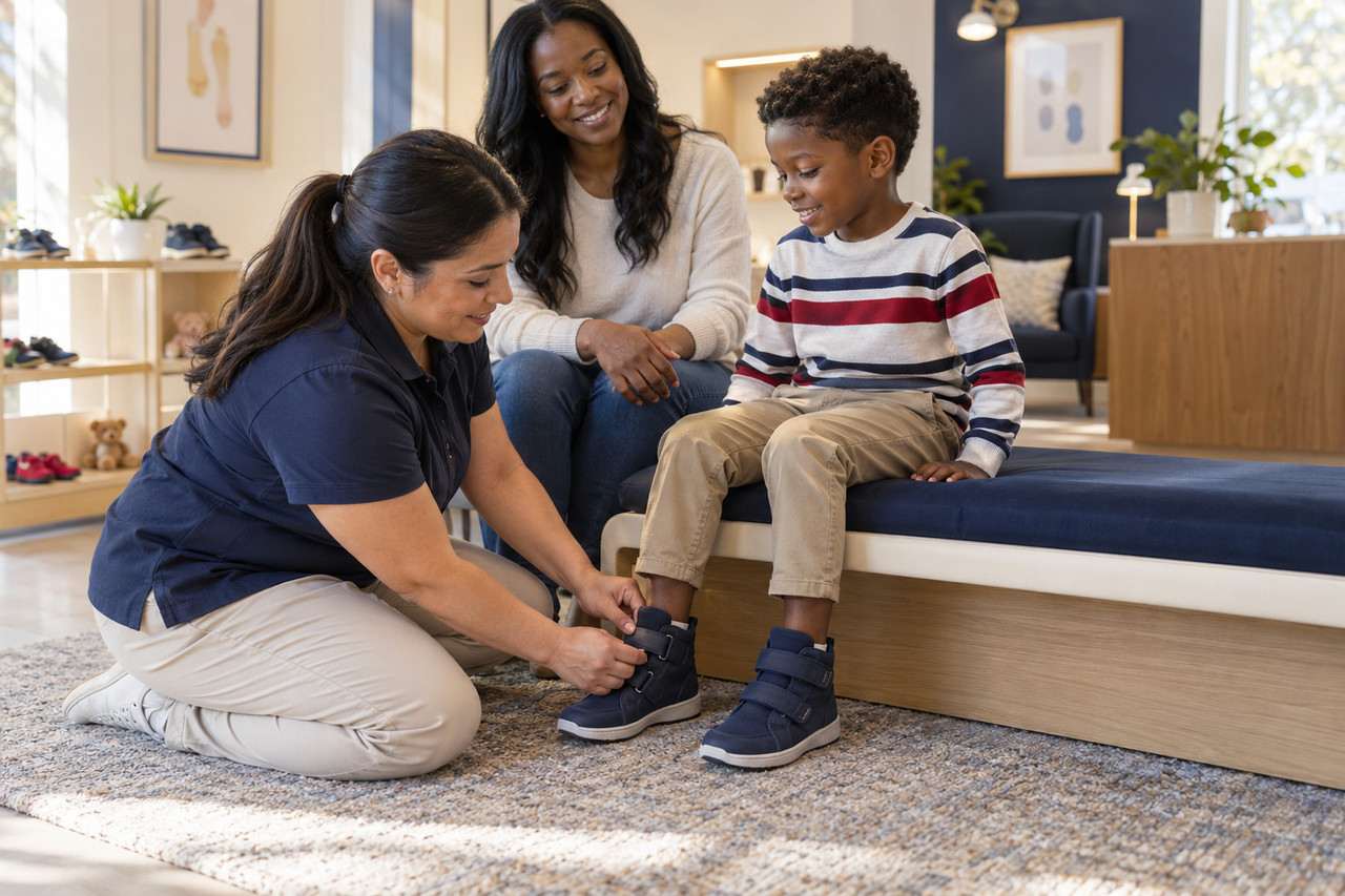 Child being fitted for supportive pediatric footwear