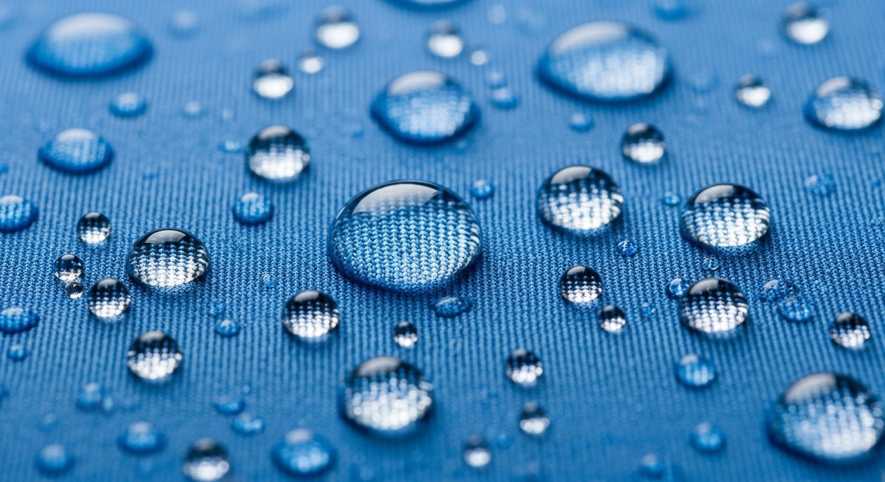 Ткань спортивного купальника с защитой от хлора крупным планом с каплями воды