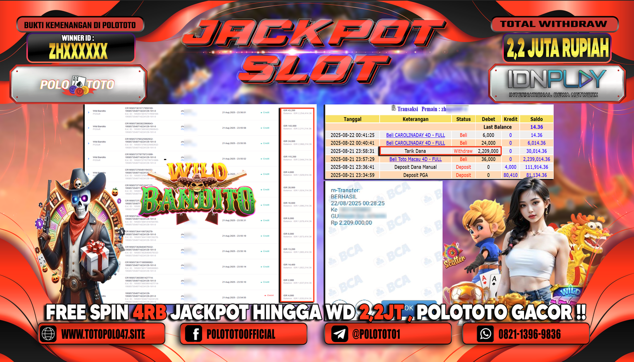 POLOTOTO JACKPOT SLOT WILD BANDITO Rp.2.209.000,-