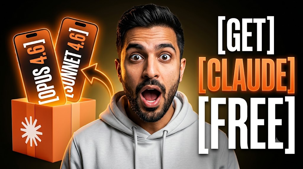 AI-generated example result for the youtube-thumbnail prompt: Get Claude AI Free Thumbnail – Opus 4.6 & Sonnet 4.6 Announcement Design AI YouTube Thumbnail Prompt