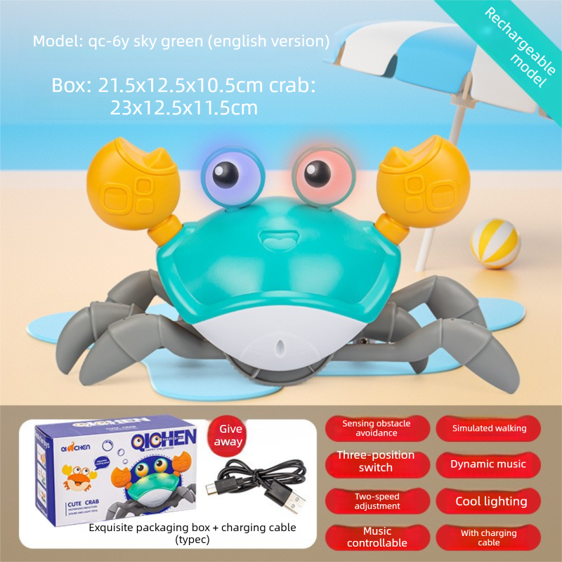 Upgraded Induction Crawling Crab Baby Toy with Silent Mode & Speed Control USB-C Rechargeable Obstacle Avoidance Tummy Time Pet Sky Green