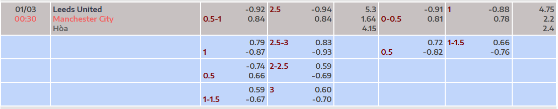 Tỷ lệ kèo châu Á Leeds United vs Man City