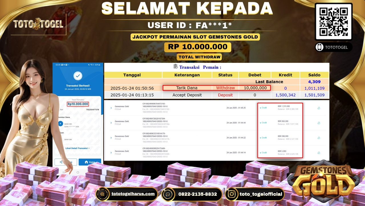 Bukti Pembayaran Jackpot  Permainan Slot Gemstones Gold  ID:FA***1*  LUNAS