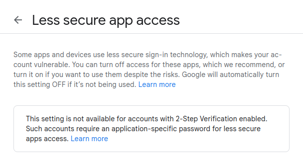 Gmail Notification Less Secure Apps option disabled