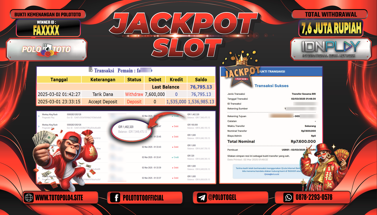 POLOTOTO JACKPOT SLOT MONGKEY KING RUSH Rp.7.600.000,-