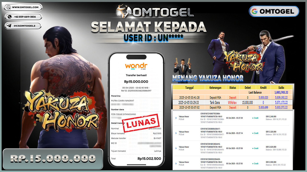 OMTOGEL JACKPOT PGSOFT YAKUZA HONOR 15 JUTA DI BAYAR LUNAS ,-