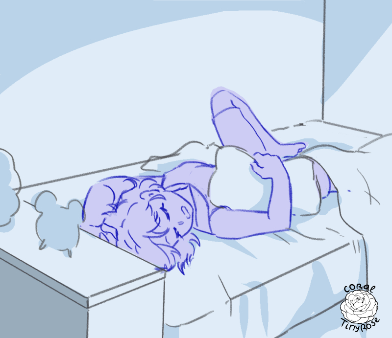 Image ID Akane sleeps in her room on her bed in funny pose, seems super relaxed.