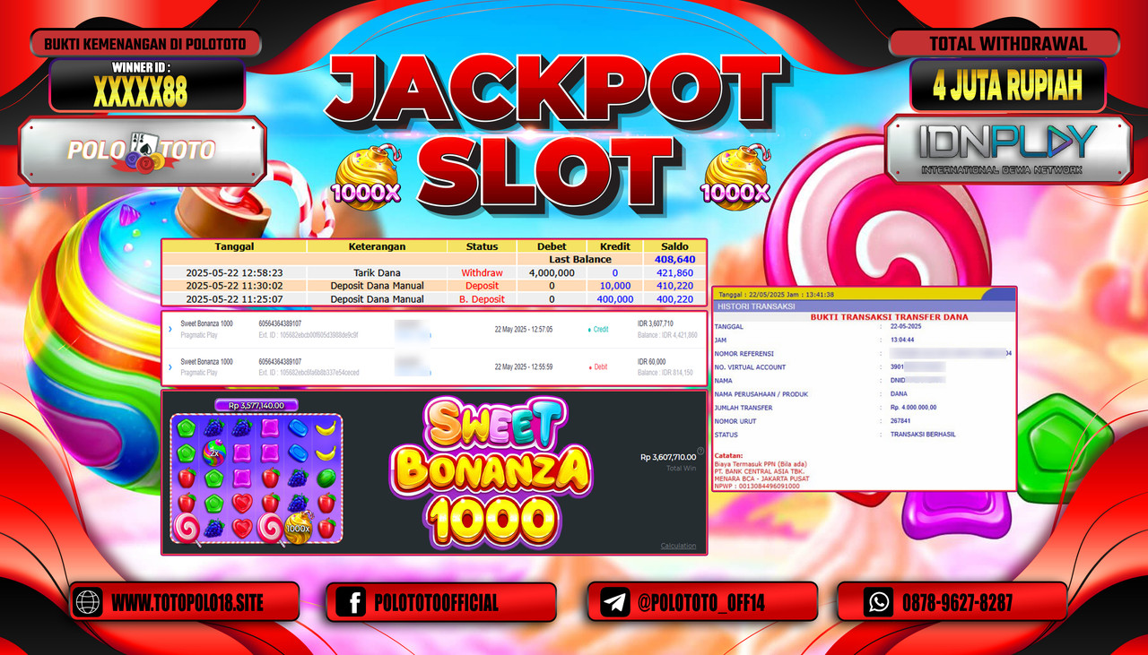 POLOTOTO JACKPOT SLOT SWEET BONANZA 1000 Rp.4.000.000,-
