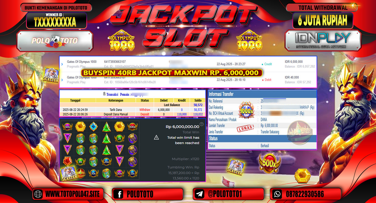 POLOTOTO JACKPOT SLOT GATES OF OLYMPUS 1000 Rp.6.000.000,- LUNAS