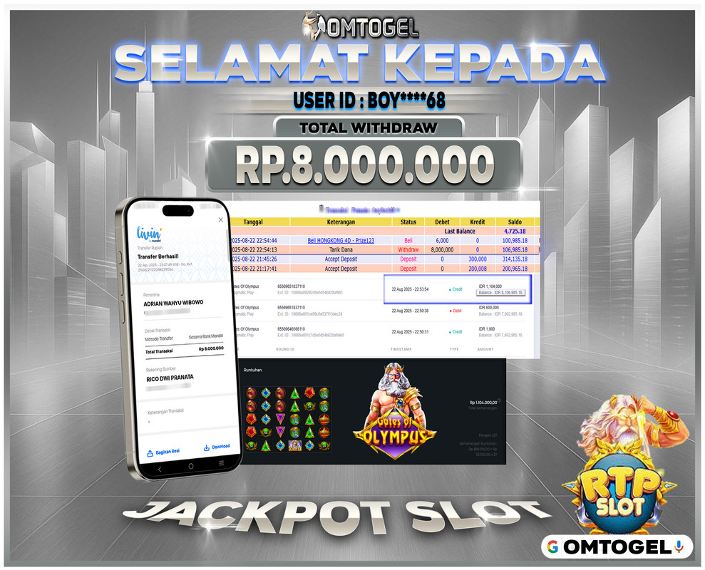 OMTOGEL JACKPOT PRAGMATIC PLAY GATES OF OLYMPUS 8 JUTA DI BAYAR LUNAS ,-