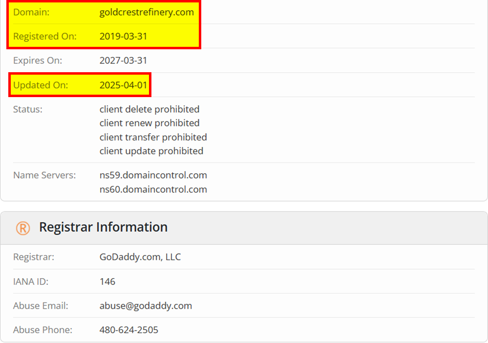 www goldcrestrefinery com Dom Reg vom 31 März 2019 updated 1 April 2025