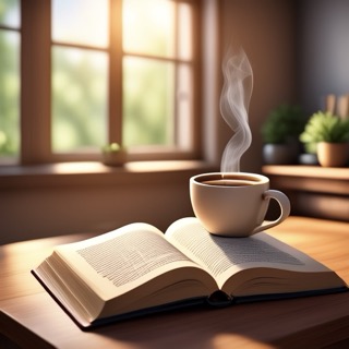 A coffee cup rests on an open book, bathed in soft lighting, on a table.
