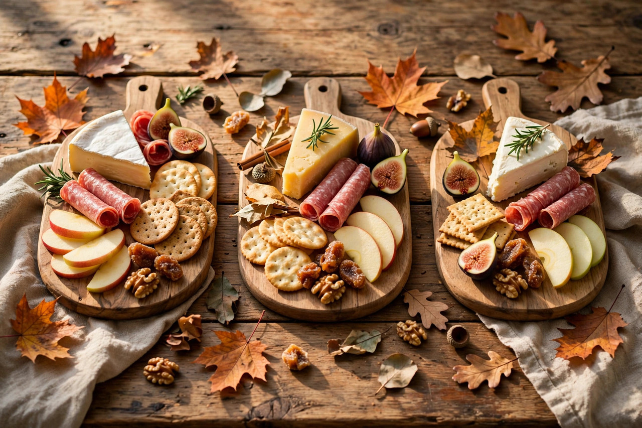 Individual mini fall charcuterie boards styled on a rustic table for guests