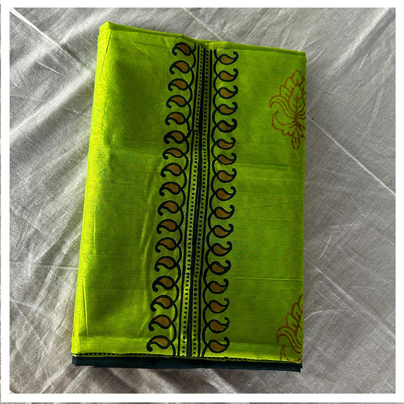 Hand Block Printed Green Chanderi Silk Kurti Material with Traditional Indian Motifs