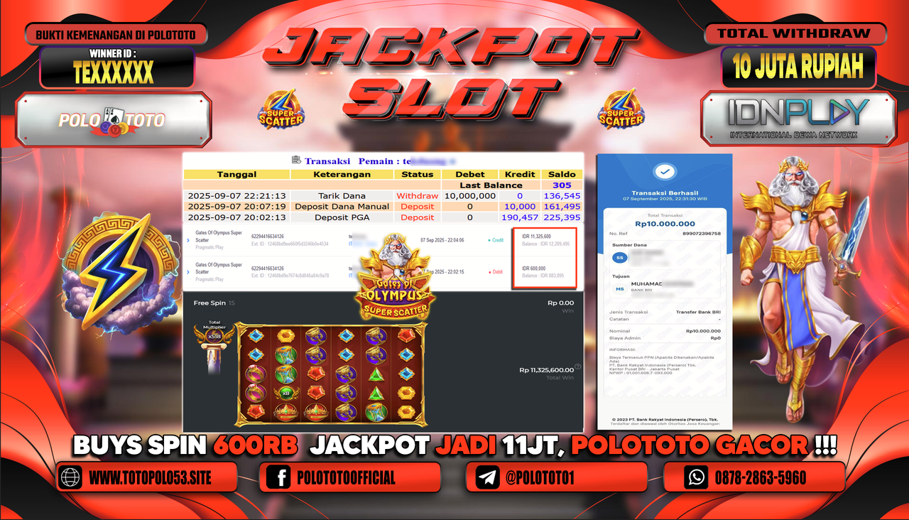 POLOTOTO JACKPOT SLOT GATES OF OLYMPUS SUPER SCATTER Rp.10.000.000,-