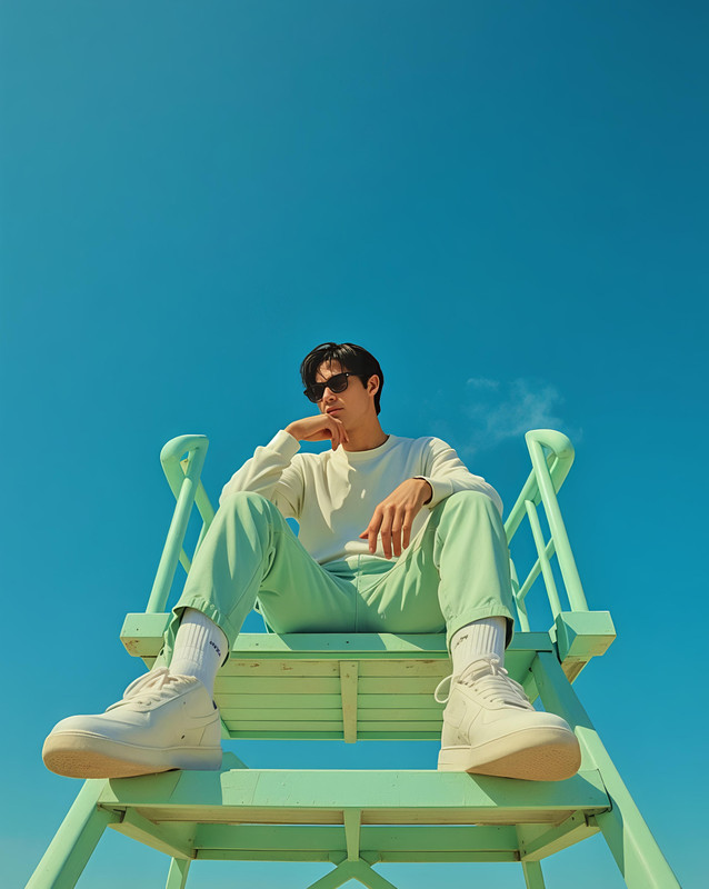 Low-Angle Mint Beach Portrait | PromptGet