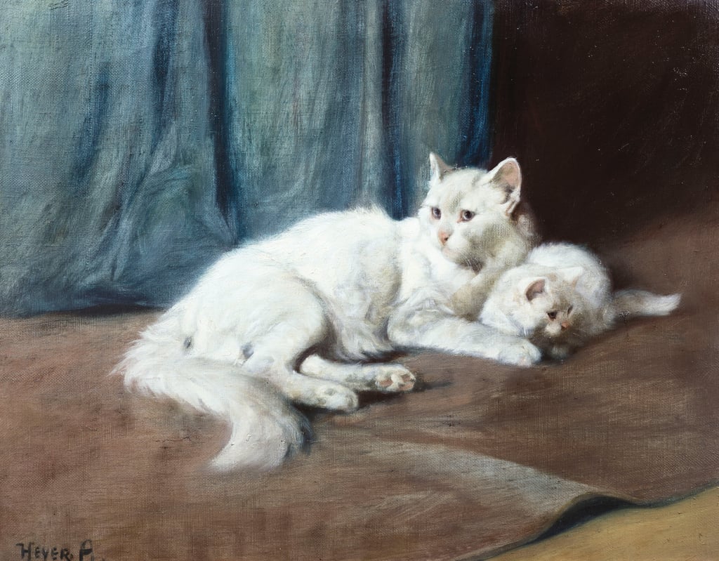 1-Arthur-Heyer-A-White-Persian-Cat-with-her-Kittens-oil-on-canvas-Meister-Drucke-910437