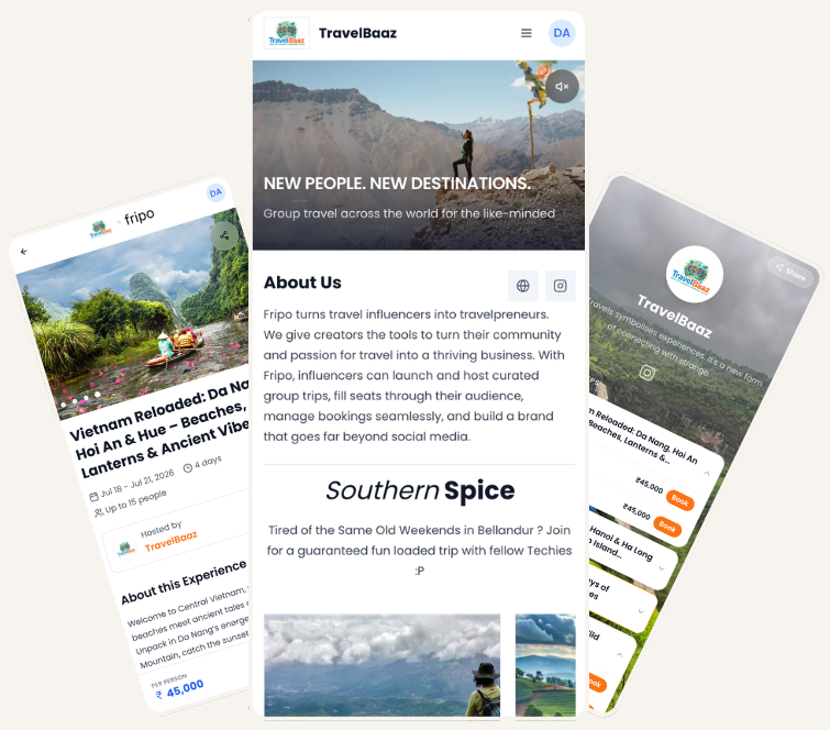Fripo public website and bio page previews on a phone