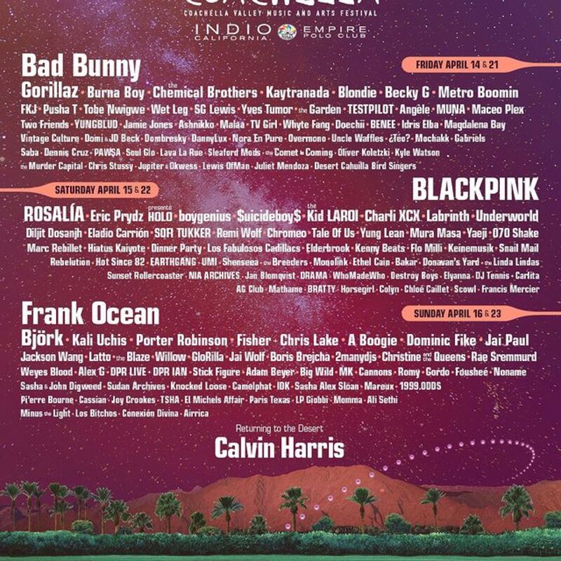 Coachella 2023: Bad Bunny, Blackpink e Ocean sono gli headliner