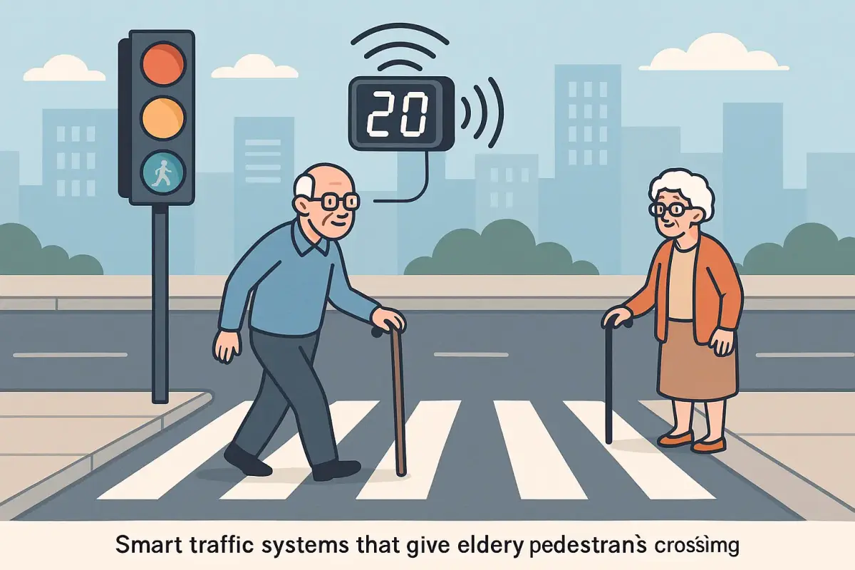 An urban crosswalk with smart traffic signals displaying extended crossing time. Elderly pedestrians, including one with a walker, safely cross while sensors and digital displays adjust timing based on their movement. Background features a modern cityscape with cars stopped at a red light.