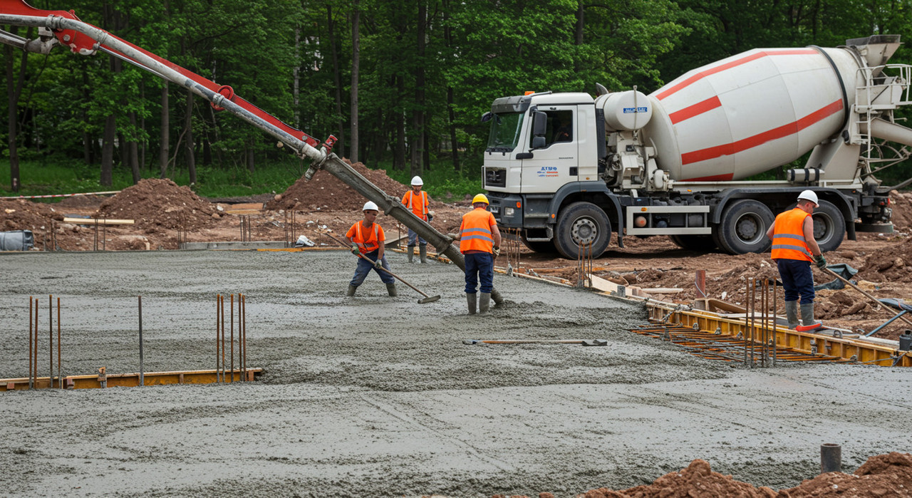 Автобетононасос заливает монолитный фундамент бетоном