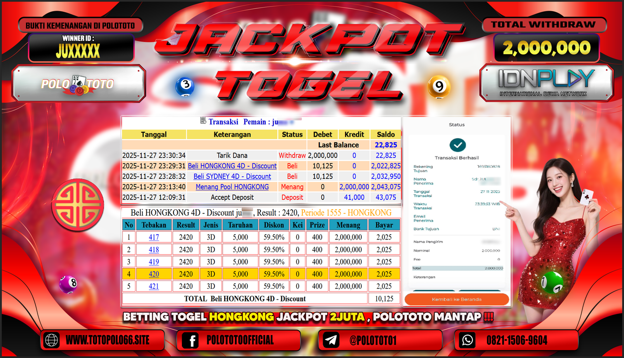 POLOTOTO JACKPOT TOGEL MENANG HONGKONG LOTTO Rp.2.000.000,- LUNAS