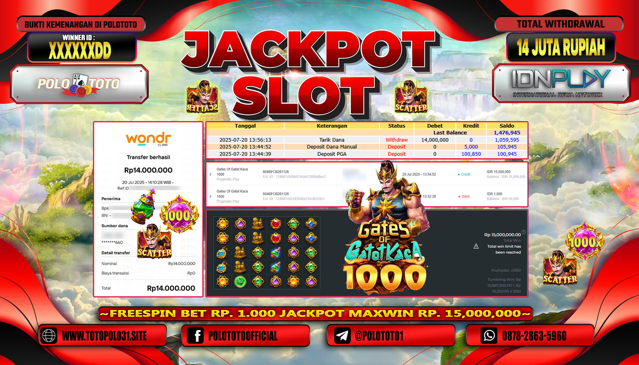POLOTOTO JACKPOT SLOT GATES OF GATOT KACA 1000 Rp.14.000.000,- LUNAS