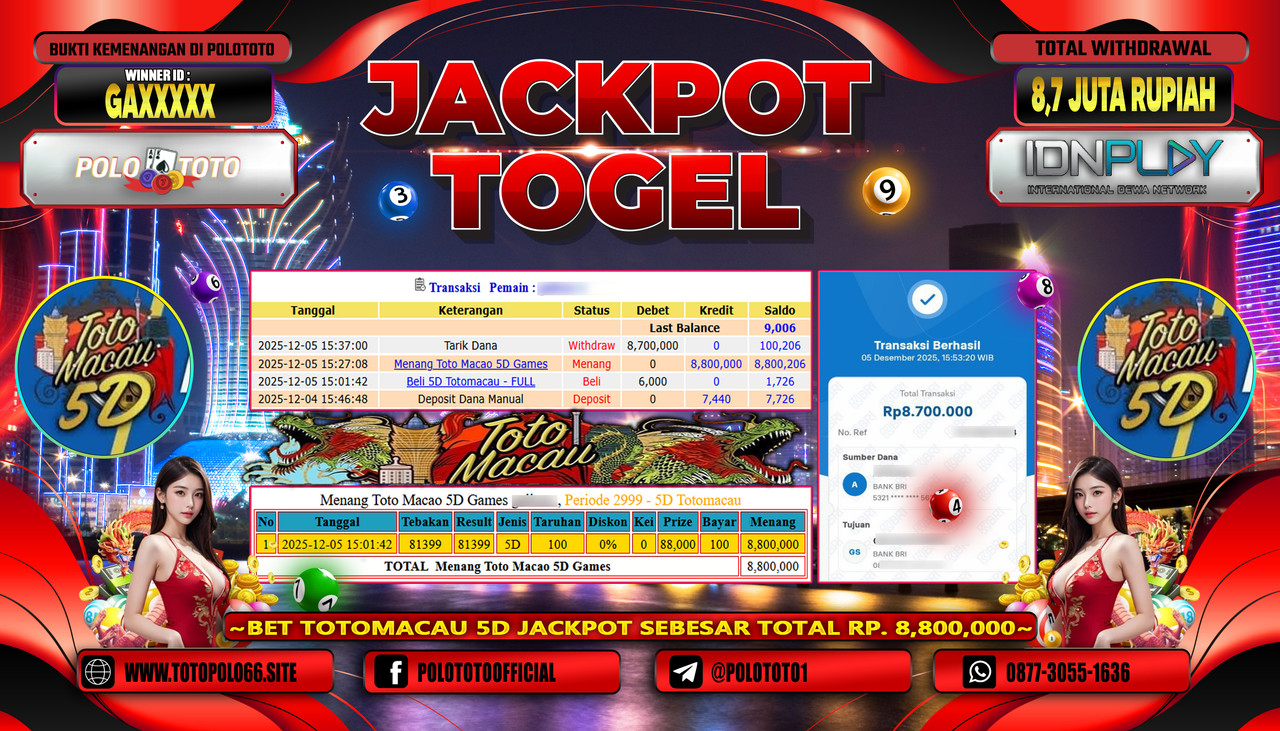 POLOTOTO JACKPOT TOGEL MENANG TOTO MACAU Rp.8.700.000,- LUNAS