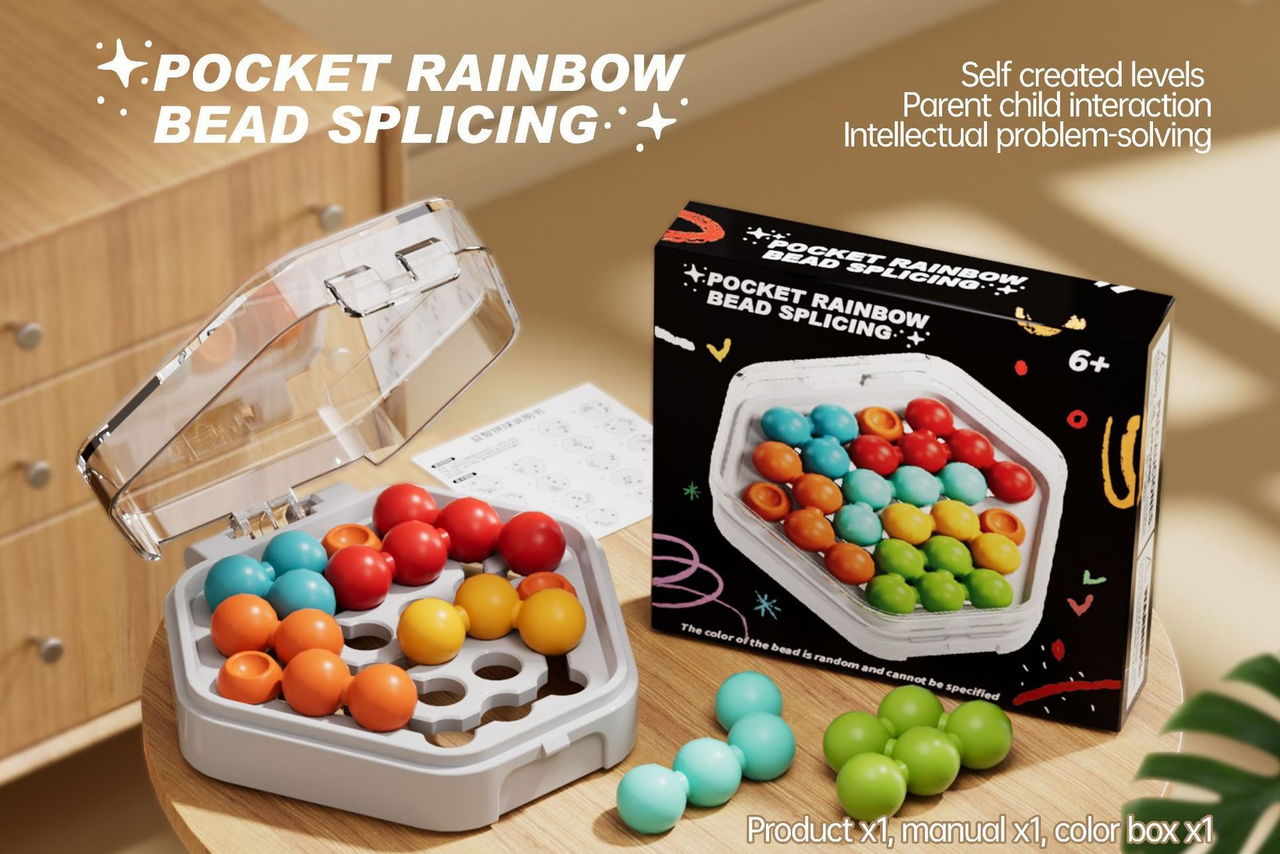 White Hexagonal Pocket Rainbow Bead Puzzle — A Mini Logic Game with Original Levels, an Interactive Educational Toy for Parents