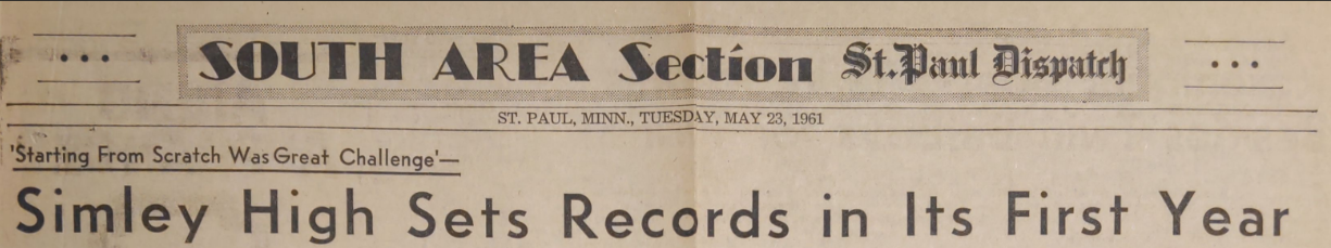 St. Paul Dispatch article from May 23, 1961 titled "Simley High Sets Records In First Year"