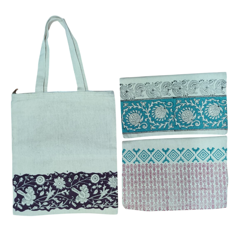 Qyaari by Penkraft Hand Block Printed Tote Bags – Set of 3 Pattern 4