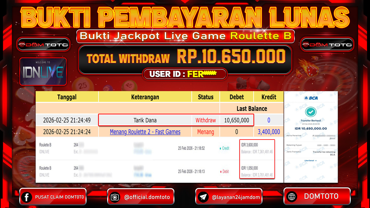 JACKPOT LIVE GAME ROULETTE B 25 FEBRUARI 2026