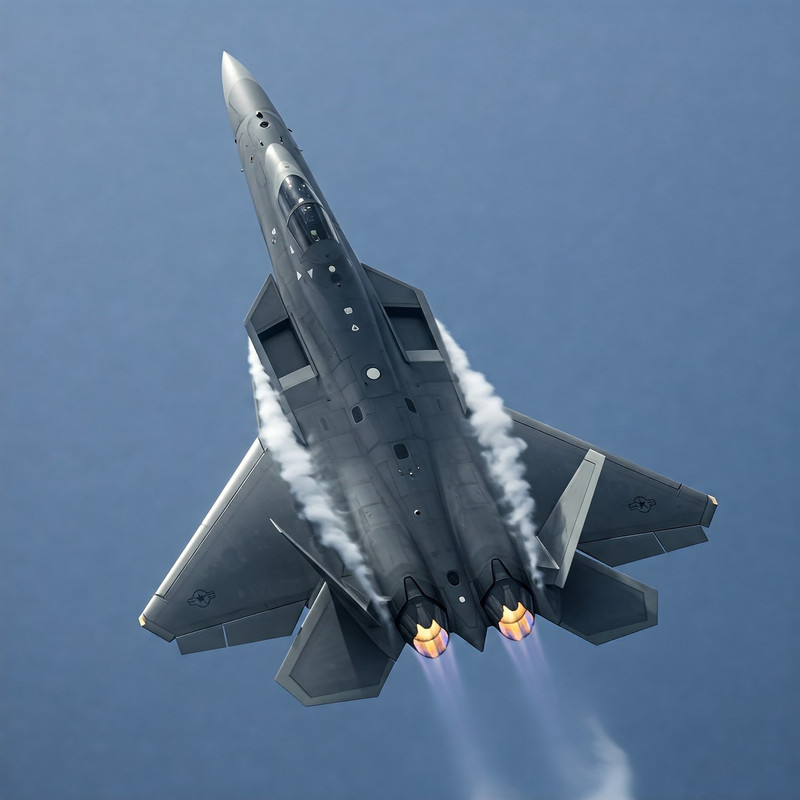 Future of Air Combat: Artistic illustration of sixth-generation AI jets flying in a strategic formation over a landscape.