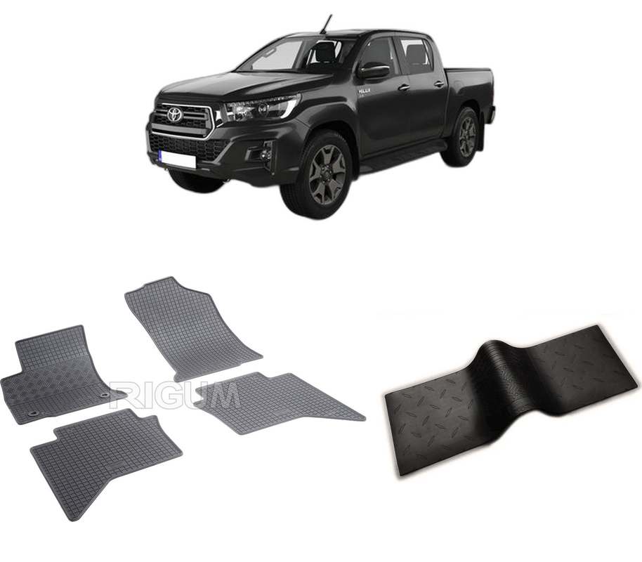 Set covorase auto TOYOTA HILUX din 09.2016-PREZENT, cu covoras tunel median, CAROSERIE PICK-UP, Presuri cauciuc 100%, compatibil cu autoturismul TOYOTA HILUX, Rigum