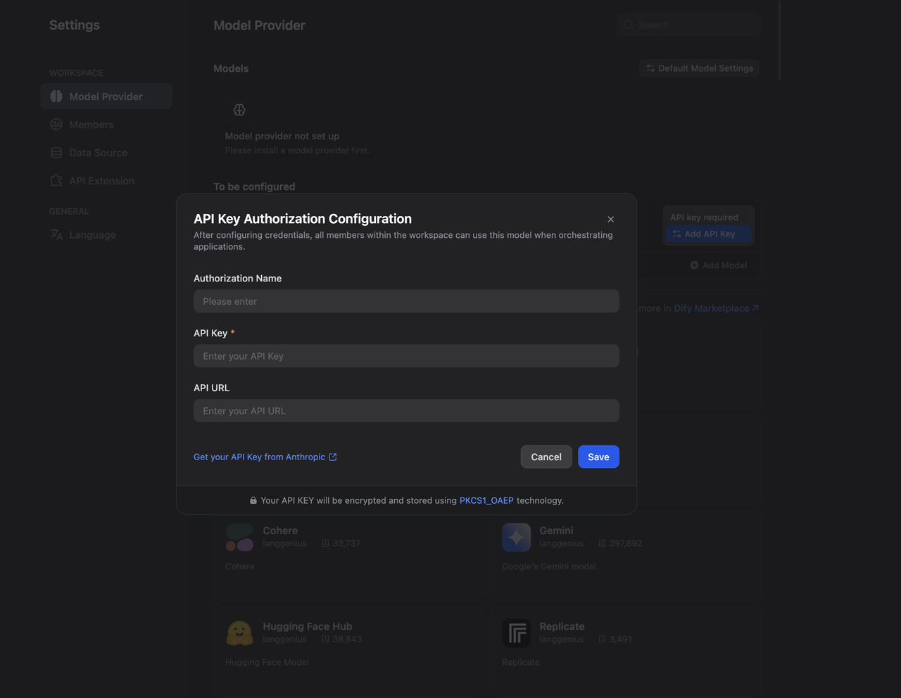 Dify model provider credential panel with the API key field